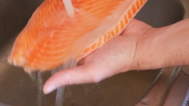 Mãos masculinas lavando um filé enorme de peixe de salmão vermelho sob a pressão da água da torneira na cozinha da casa — Vídeo de Stock