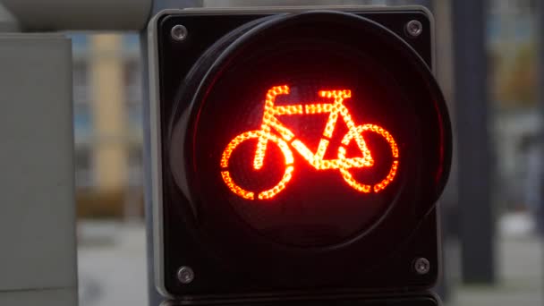 Um semáforo especial para ciclistas que acende em vermelho na rua da cidade — Vídeo de Stock