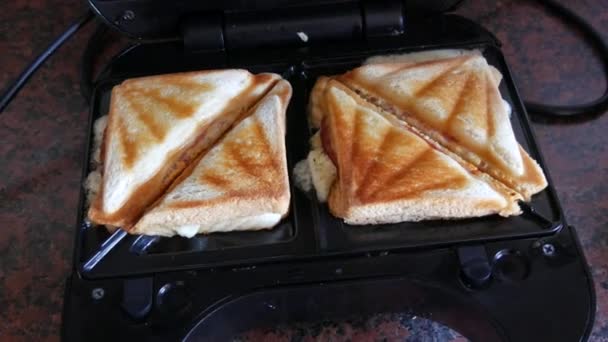 Pagi sarapan, pembuat sandwich dengan sandwich goreng baru — Stok Video