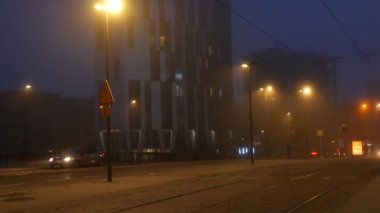 STRASBOURG, FRANCE - 6, 2021: Sisli sonbahar akşamı şehri, arabalar caddelerde yürüyor, yayalar ve bisikletçiler yürüyor