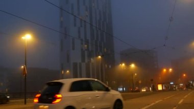 STRASBOURG, FRANCE - 6, 2021: Sisli sonbahar akşamı şehri, arabalar caddelerde yürüyor, yayalar ve bisikletçiler yürüyor