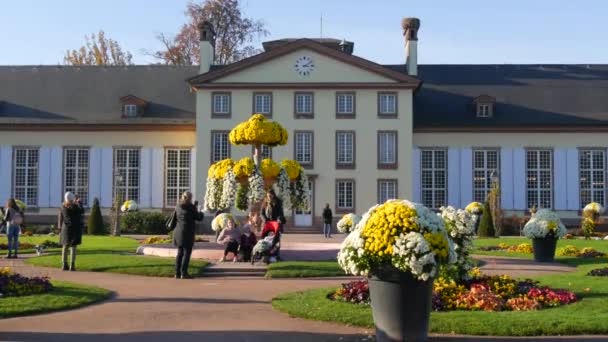 STRASBOURG, FRANÇA - NOV 6, 2021: Parque Orangerie, vista do Palácio Josephines, e um belo jardim com crisântemos coloridos — Vídeo de Stock