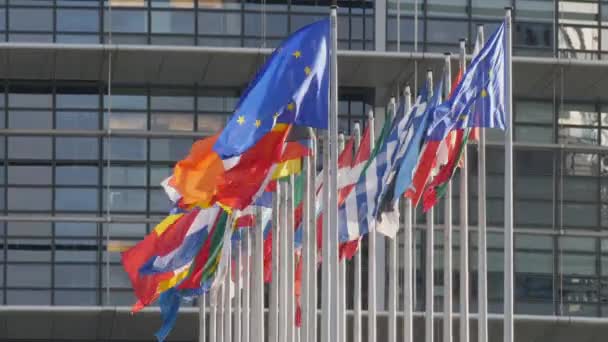 7 Aralık 2021 - Strasbourg, Fransa: Avrupa Parlamento Binası. Arka planda Avrupa Parlamentosu genel merkez binası ile el sallayan Avrupa ülkelerinin bayrakları arasında İngiltere de yer alıyor — Stok video