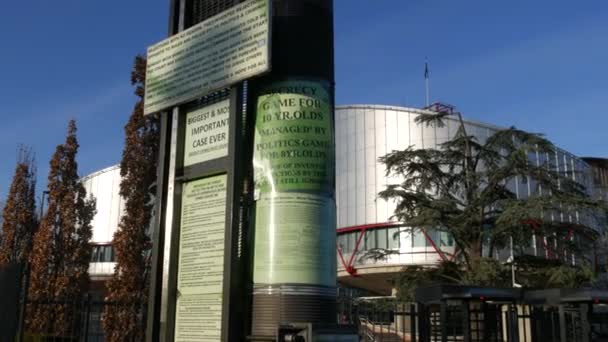 December 7, 2021 - Strasbourg, France: Post with petitions in front of building of European Court of Human Rights, PALACE OF HUMAN RIGHTS, concept of Convention for Protection Fundamental Freedoms — Stock Video