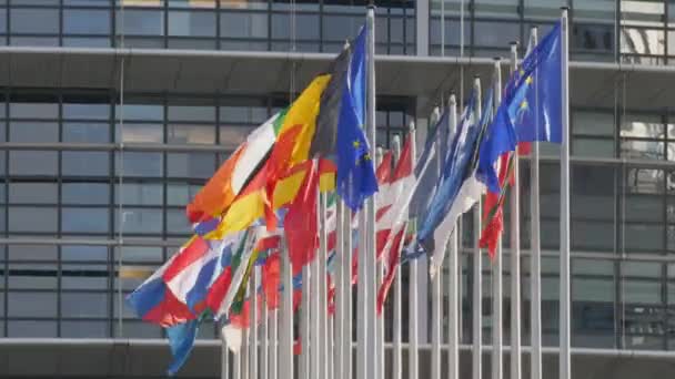 7 dicembre 2021 Strasburgo, Francia: Palazzo del Parlamento europeo. Le bandiere dei paesi europei che sventolano con la sede del Parlamento europeo sullo sfondo includono il Regno Unito — Video Stock