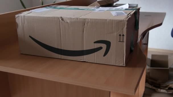 9 Aralık 2021 'de Kehl, Almanya' da büyük bir paket mal teslim edildi. Amazon çevrimiçi mağazasından bir kutu — Stok video