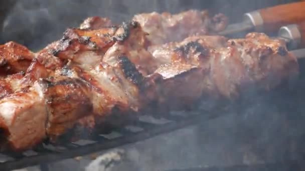 Большой жирный сочный свиной сустав поджаривается на гриле на фоне огня. Фестиваль уличной еды, пикник под открытым небом — стоковое видео