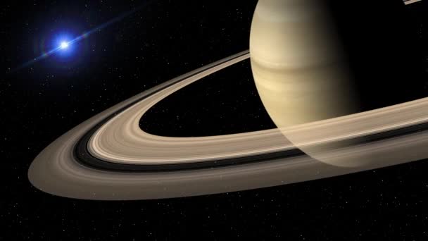 3d animación Saturno planeta y anillos, gira sobre el fondo de un cielo estrellado negro, una estrella o planeta brilla brillantemente en la distancia — Vídeo de stock