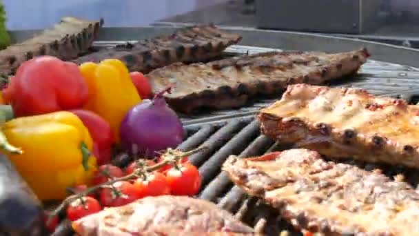Roasted pork ribs are grilled alongside vegetables, tomatoes, paprika, onions, eggplant, zucchini and herbs. Street Food Festival. Fried, unhealthy food on charcoal grill — Stock Video