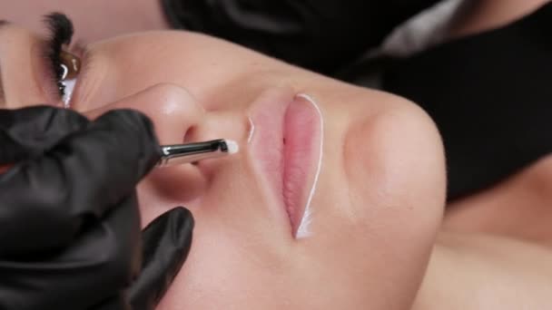 Μόνιμη makeup artist microblading με ειδικό πινέλο με λευκό χρώμα εφαρμόζει το σωστό περίγραμμα της διόρθωσης σχήματος χειλιών για τη μελλοντική διαδικασία close up view — Αρχείο Βίντεο