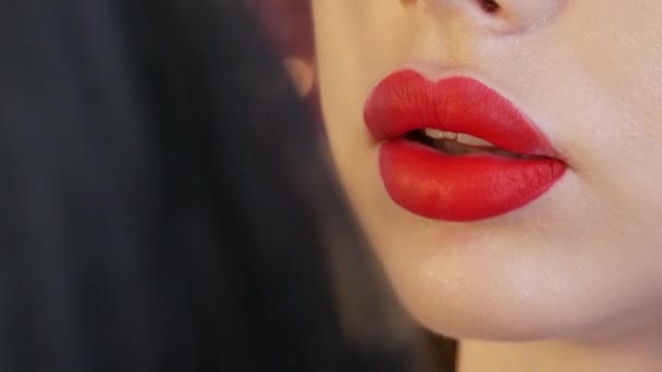Яскравий макіяж губ, великі красиві губи пофарбовані червоною помадою з особливою щіткою в салоні краси. Професійний макіяж крупним планом — стокове відео