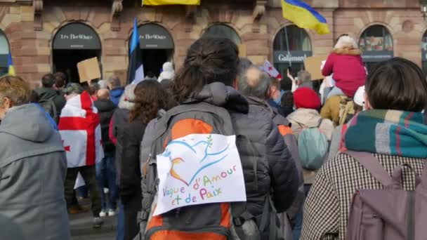 Štrasburk, Francie - 26. února 2022: Lidé s ukrajinskými vlajkami a plakáty protestují proti válce na Ukrajině. Demonstrace proti válce mezi Ukrajinou a Ruskem. Protesty proti Putinovi — Stock video