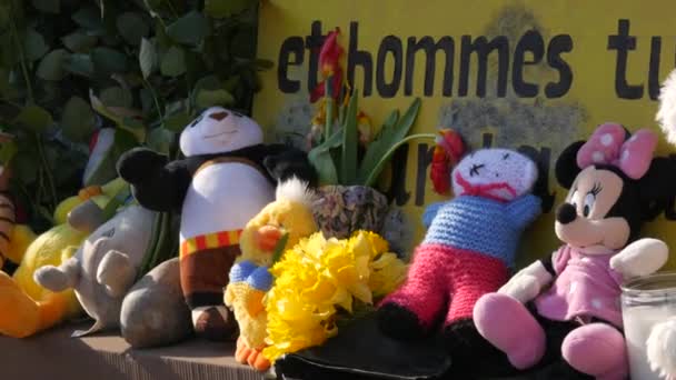 Strasbourg, Fransa - 26 Mart 2022: Rusya ile savaşa karşı Ukrayna 'yı destekleyen gösteri. Ukrayna 'da öldürülen çocuklar için oyuncak ve çiçeklerle bir anma töreni. Fransızca yazıtlar — Stok video