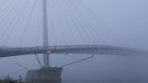 Кел, Германия. Великий пешеходный мост во Францию, Страсбург, почти полностью покрытый густым белым туманом осенним утром — стоковое видео
