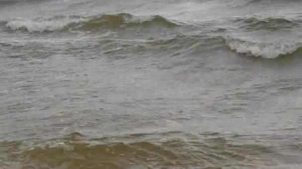 Сильные волны с пеной на берегу Азовского моря, Украина — стоковое видео
