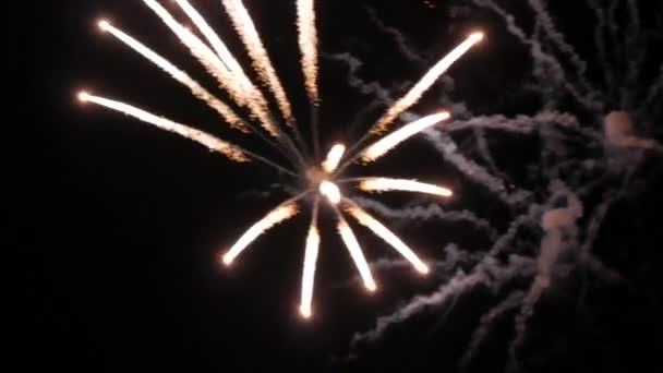 Fogos de artifício. fogos de artifício brilhantes com luzes bokeh no céu noturno. Fogos de artifício brilhantes. Fogos de artifício de véspera de Ano Novo. Fogos de artifício noturno no céu — Vídeo de Stock