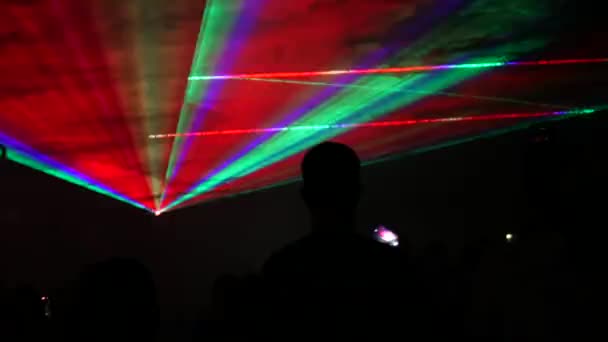 Crowd People Looking Light Laser Show Black Background Night Sky — Video