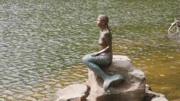 Mummelsee Germany July 2022 Bronze Statue Mermaid Shore Lake Shore — Vídeo de Stock