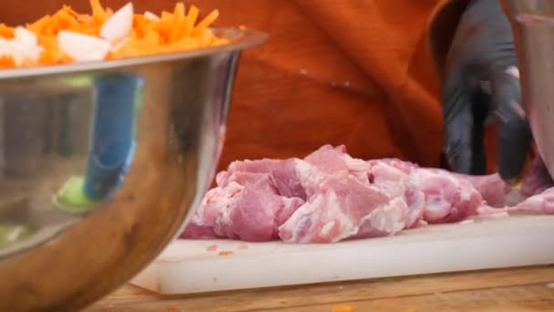 Cook Cuts Pieces Fresh Meat Knife Future Dish Butchers Hands — Stock video