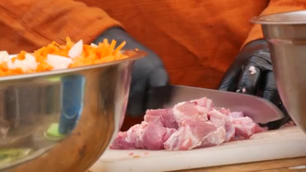 Cook Cuts Pieces Fresh Meat Knife Future Dish Butchers Hands — Videoclip de stoc