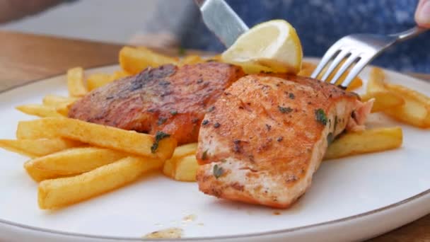 Huge Piece Red Salmon Fish Grilled Next French Fries Slice — Αρχείο Βίντεο