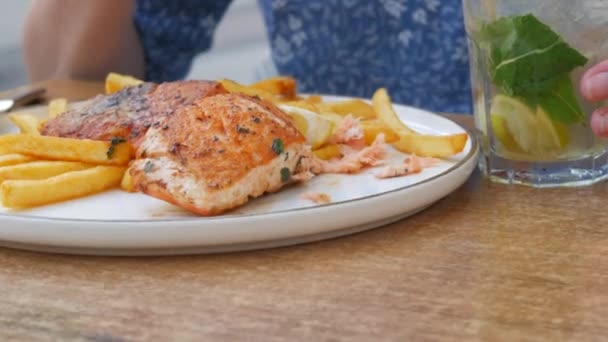 Huge Piece Red Salmon Fish Grilled Next French Fries Slice — Video Stock
