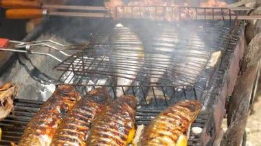 Grilled mackerel fish carcass with a slice of lemon. Grilled fish on a grill close-up view. Fish grill, street food festival, picnic in nature
