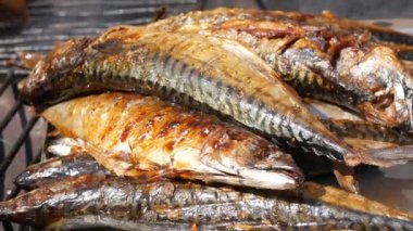 Grilled mackerel fish carcass with a slice of lemon. Grilled fish on a grill close-up view. Fish grill, street food festival, picnic in nature