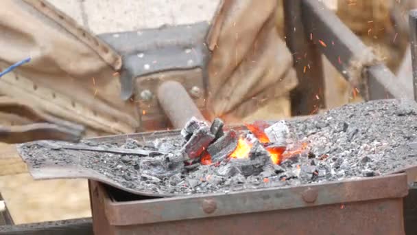 Medieval Method Forging Iron Blacksmith Forges Iron Nail Fire Blacksmith — Stock Video