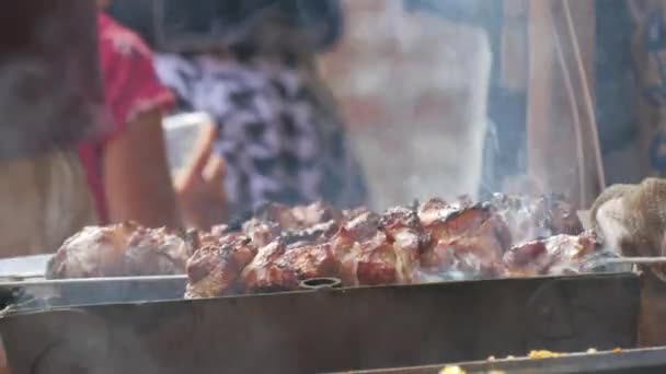 Huge Pieces Meat Lie Grill Fried Delicious Hearty Dish Meat — Vídeo de stock