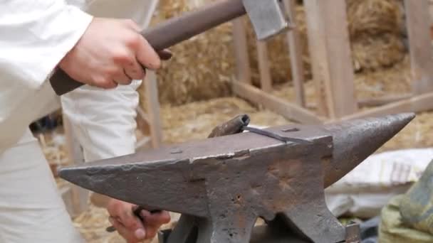 Medieval Method Forging Iron Blacksmith Forges Iron Nail Fire Blacksmith — Vídeo de Stock