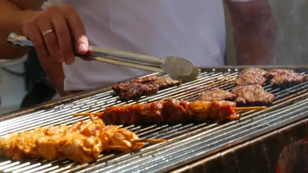 Grilled Meat Burger Patties Chicken Fillet Skewers Smoke Turn Chef — Stock Video