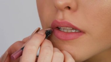 A professional make-up artist applies lipstick with a special brush in a make-up studio.