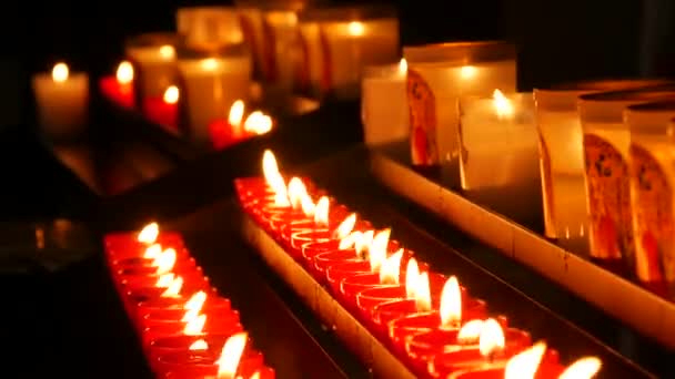 Row Lit Burning Red Candles Cathedral Religious Candles Rest Soul — Vídeo de stock