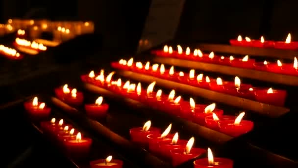Row Lit Burning Red Candles Cathedral Religious Candles Rest Soul — Stock Video