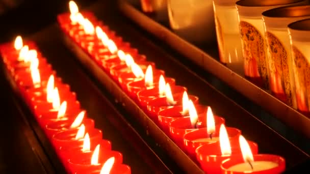 Row Lit Burning Red Candles Cathedral Religious Candles Rest Soul — Stockvideo