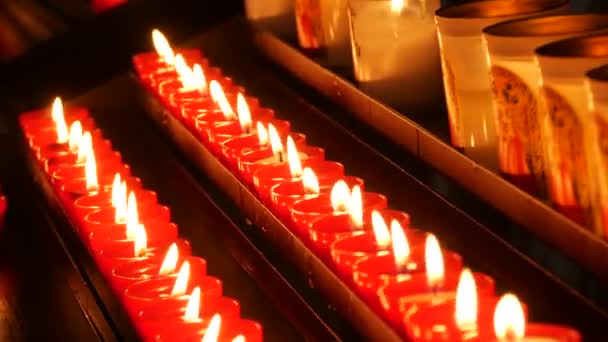 Row Lit Burning Red Candles Cathedral Religious Candles Rest Soul — Vídeo de Stock