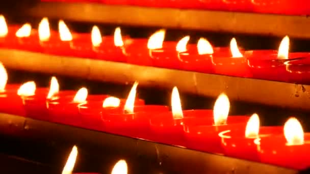 Row Lit Burning Red Candles Cathedral Religious Candles Rest Soul — Stockvideo