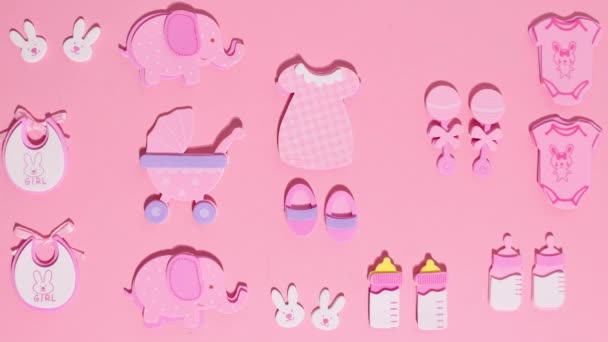 Funny Pink Stickers Symbolizing Newborn Girl Appear Pink Background Stop — Vídeo de Stock