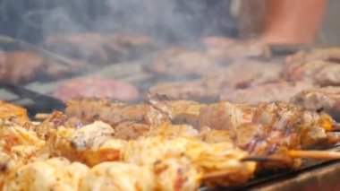 Pieces of fresh meat are grilled on a grill at a street food festival. Non vegetarian food, meat eaters.