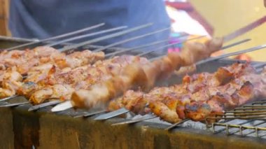 Pieces of fresh meat are grilled on a grill at a street food festival. Non vegetarian food, meat eaters.