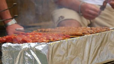 Pieces of fresh meat are grilled on a grill at a street food festival. Non vegetarian food, meat eaters.