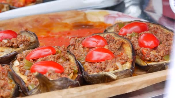 Greek Turkish Cuisine Eggplant Stuffed Minced Meat Top Tomato Slices — Stock Video