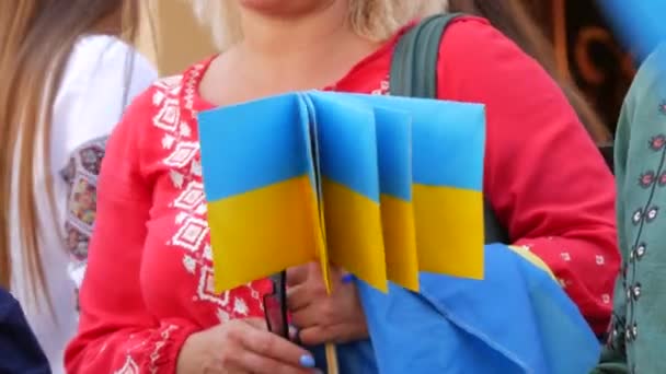 Blue Yellow Flags Ukrainians Hands People National Ukrainian Embroidered Vyshyvanka — Vídeos de Stock