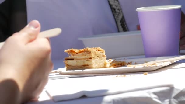 Womans Hand Cuts Piece Cake Fork Open Air Cafe Next — Video