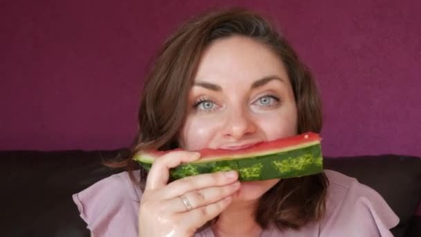 Young Beautiful Woman Appetite Eats Slice Red Ripe Juicy Watermelon — Vídeos de Stock