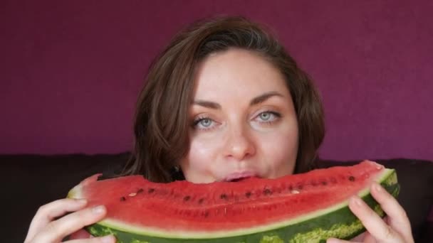 Young Beautiful Woman Appetite Eats Slice Red Ripe Juicy Watermelon — Stockvideo
