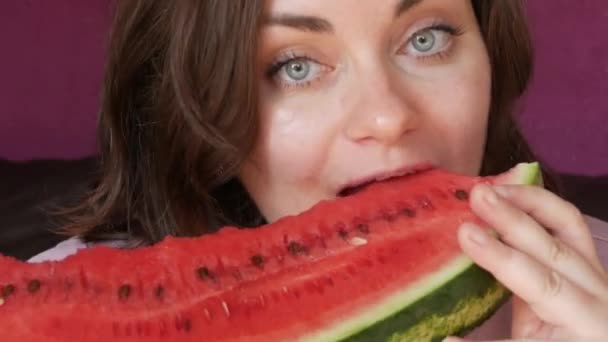 Young Beautiful Woman Appetite Eats Slice Red Ripe Juicy Watermelon — Stok video