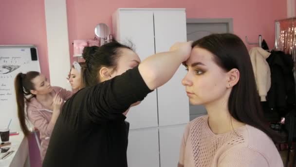 Marzo 2021 Kamenskoe Ucrania Maquilladora Aplica Maquillaje Cara Modelo Frente — Vídeos de Stock
