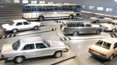 Stuttgart, Germany - May 22, 2022: Mercedes Museum. Old antique cars at the showroom exhibition